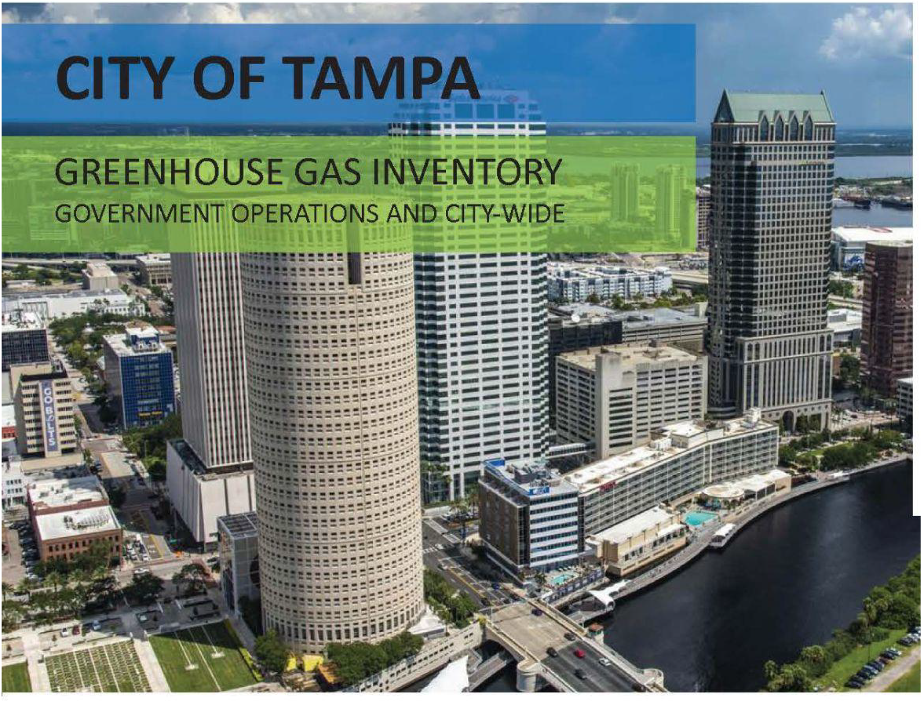 Aerial view of downtown Tampa with skyscrapers and a river, featuring a title about greenhouse gas inventory for city operations.