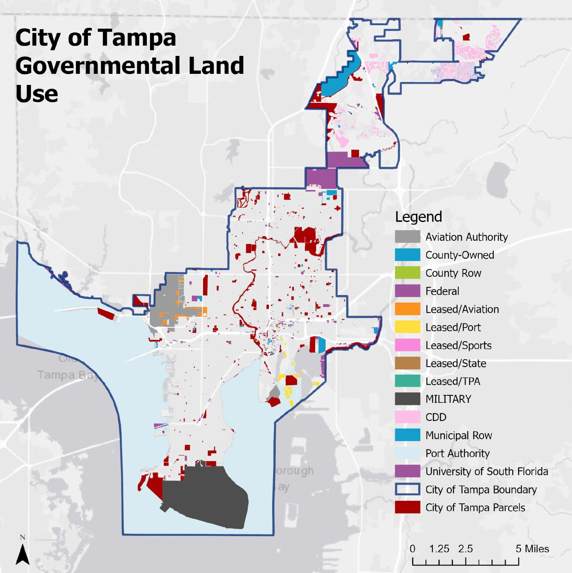 Map of Tampa displaying various governmental land use categories, including federal, county, and state ownership, with a color-coded legend.