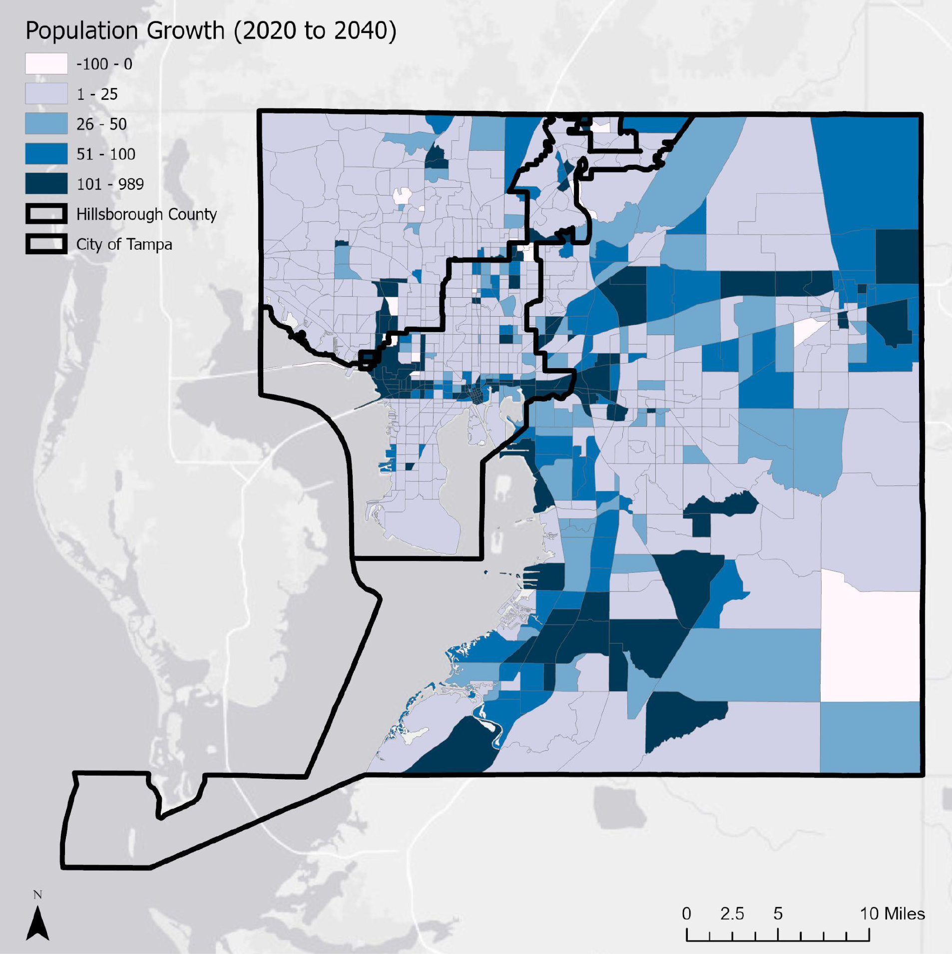 Map showing projected population growth in Hillsborough County and the City of Tampa from 2020 to 2040, with varying shades of blue.