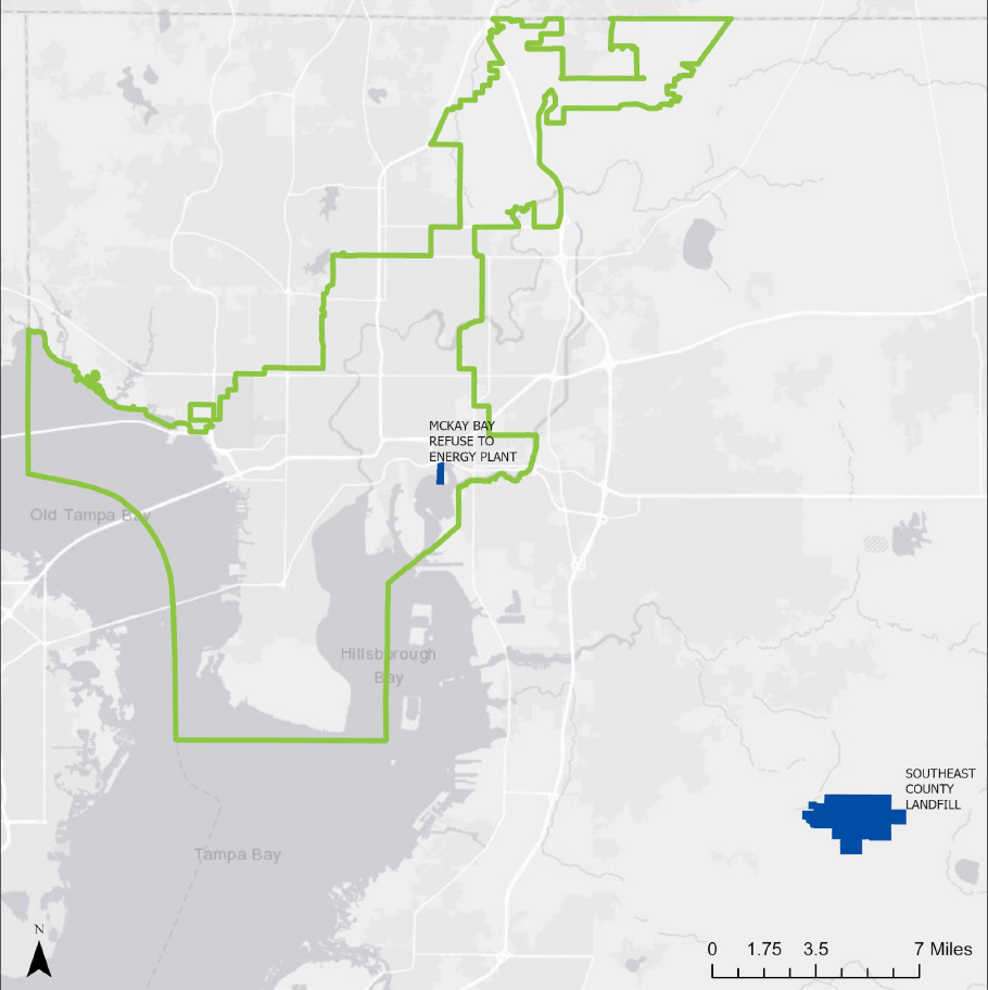Map showing green route highlighting McKay Bay and the Beryle Plant area in Florida, with nearby landmarks and distances noted.