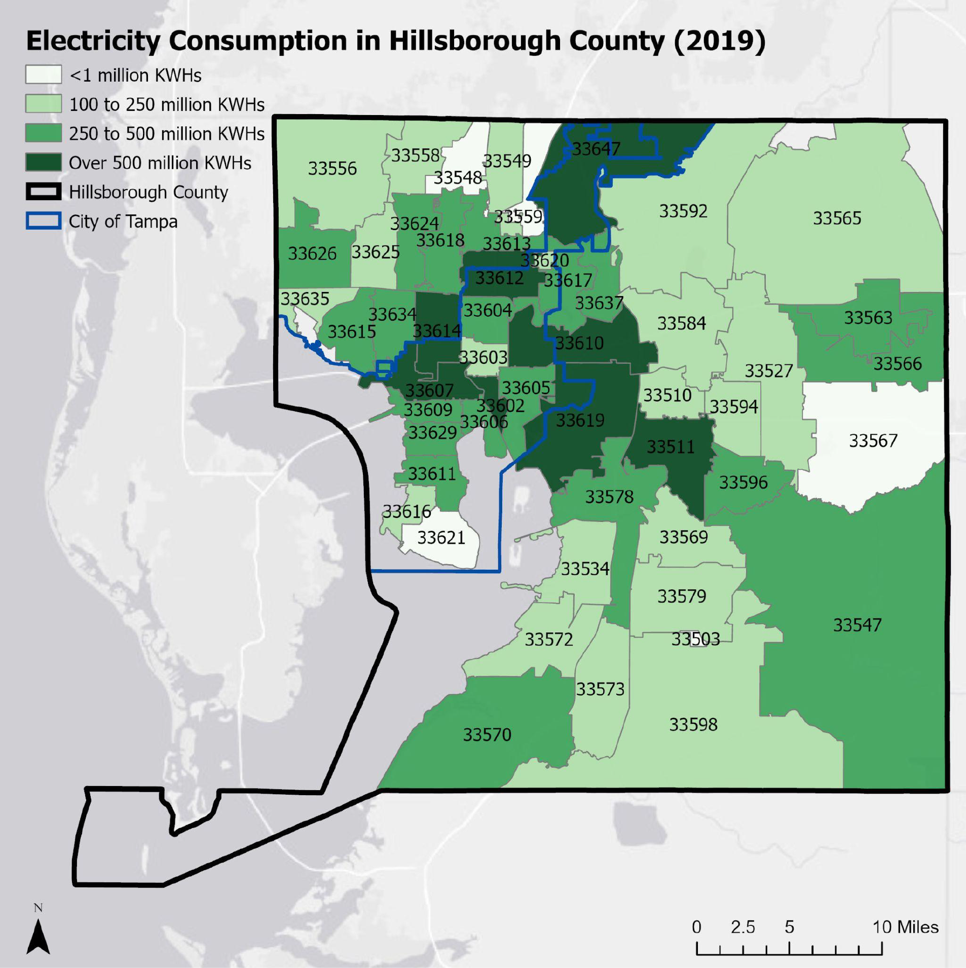 Map of electricity consumption in Hillsborough County, Florida, showing varying usage levels by zip code for the year 2019.