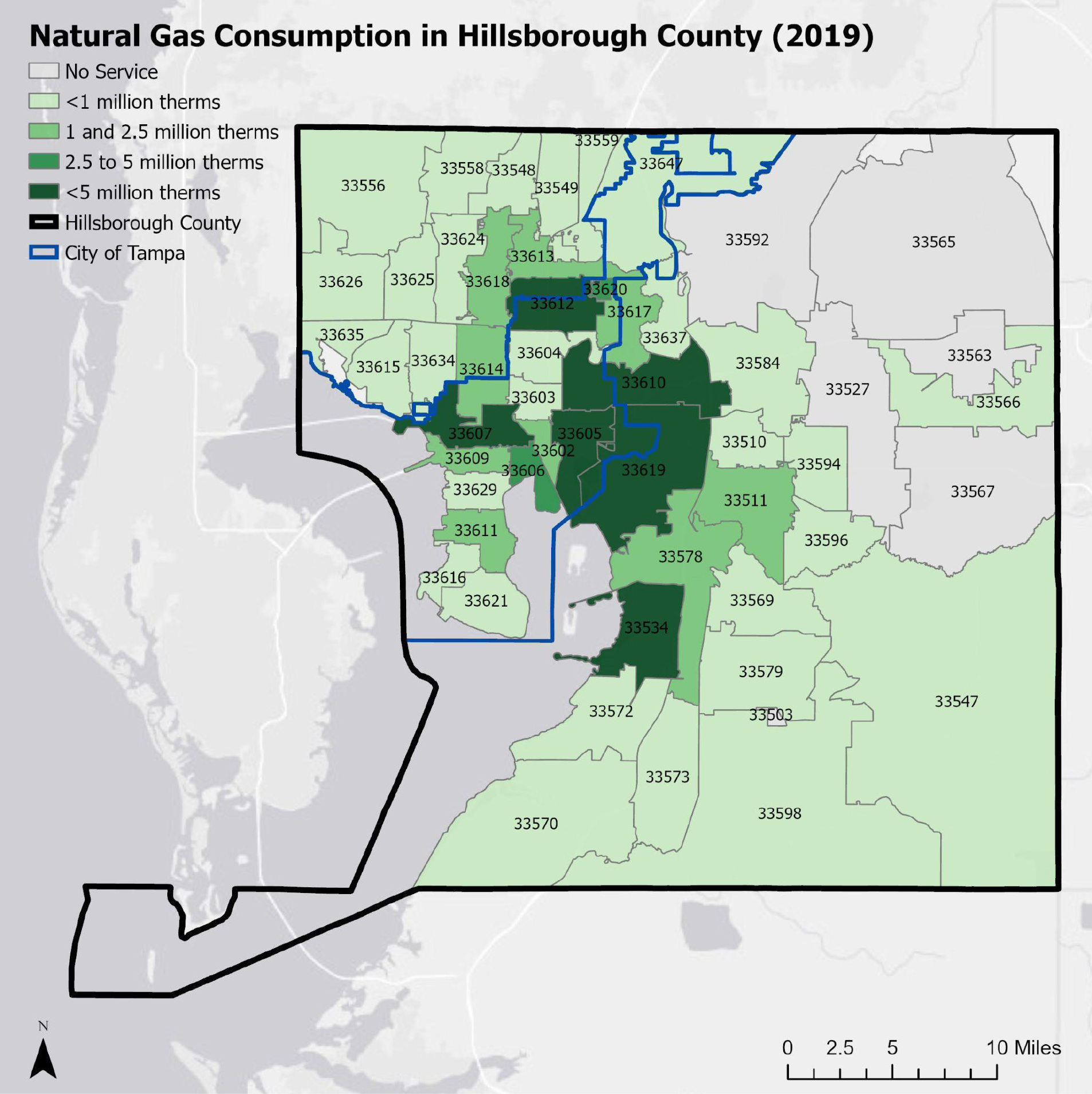 Map of natural gas consumption in Hillsborough County, Florida, categorized by service levels and consumption amounts for 2019.