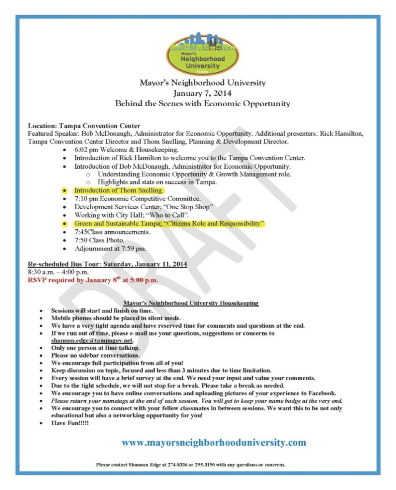 Event flyer for Mayor's Neighborhood University on economic opportunity featuring schedule, speakers, and RSVP details for January 11, 2014.