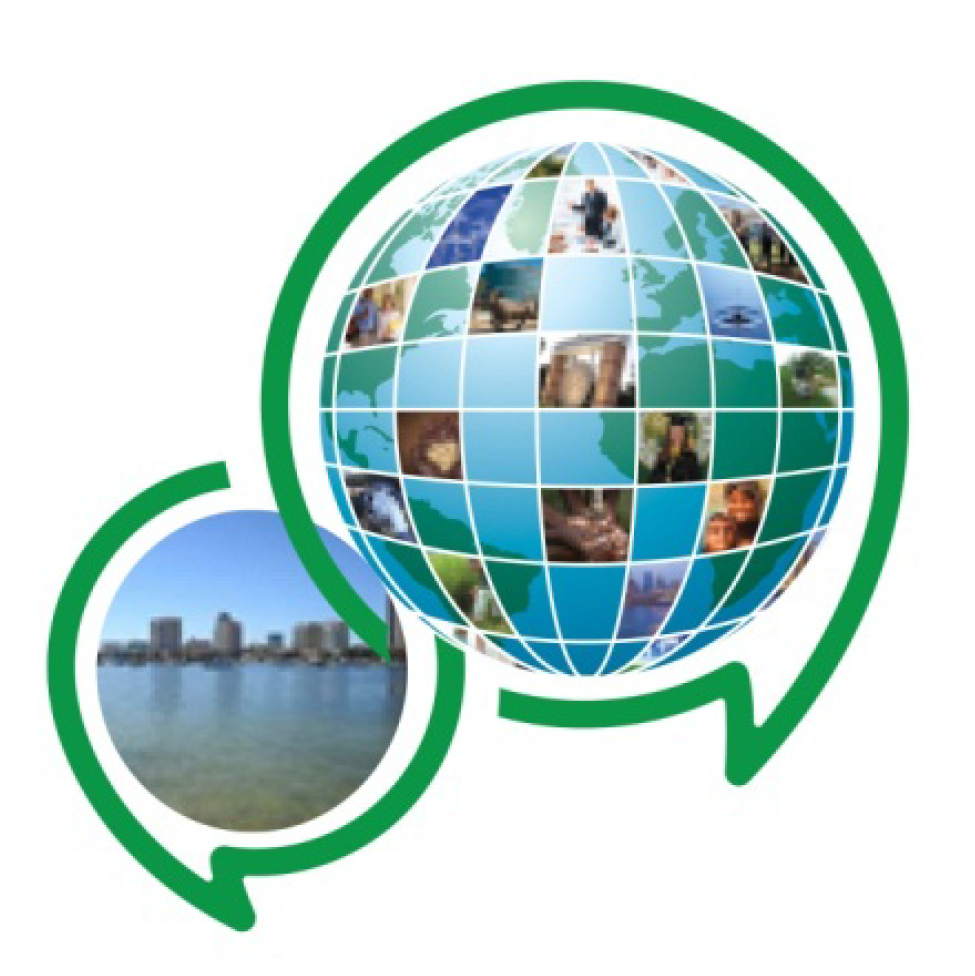 A graphic featuring a globe made of photos, alongside a circular image of a city skyline over a body of water.