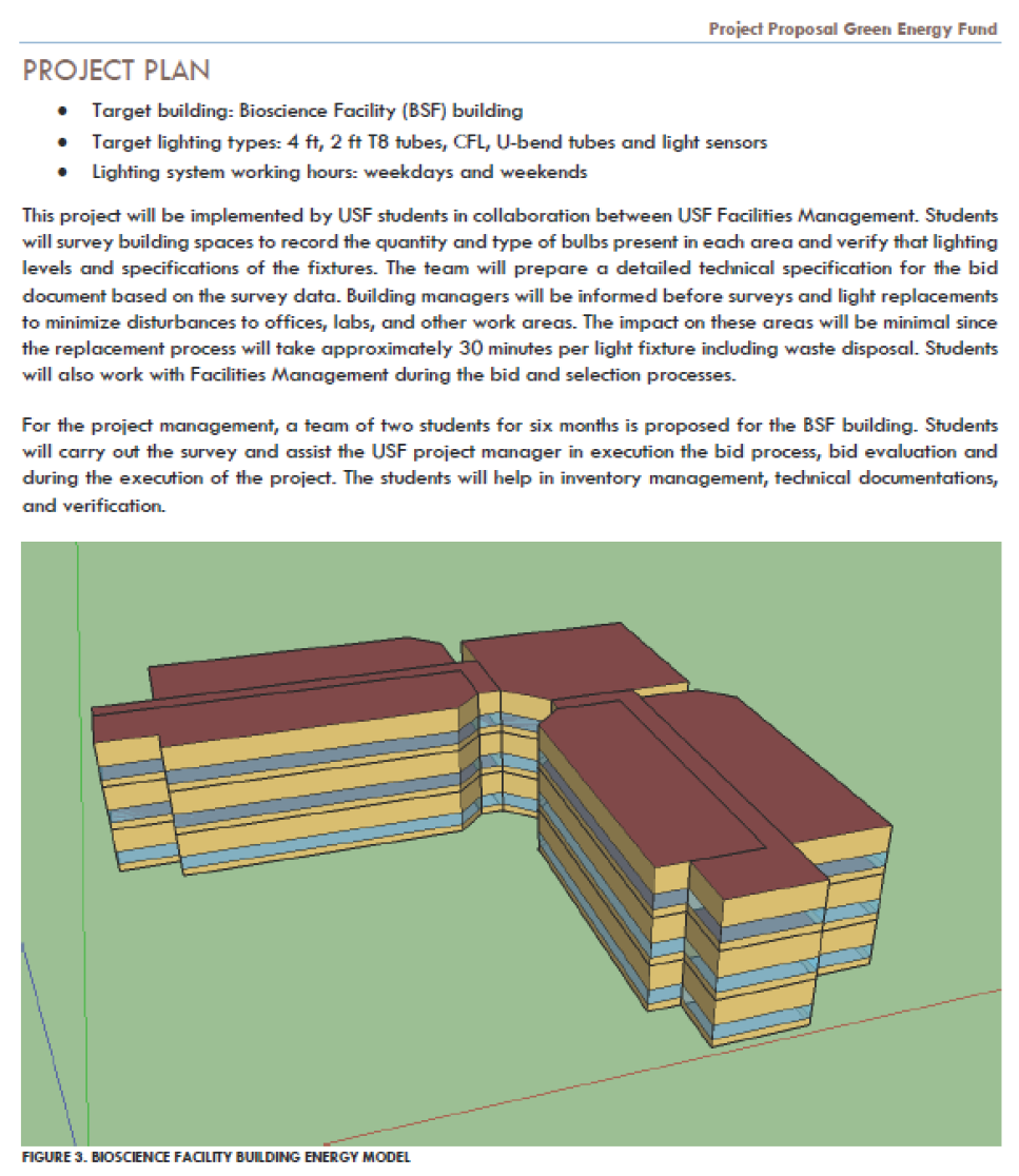 Illustration of a project plan for the Bioscience Facility building, detailing lighting system specifications and student collaboration.