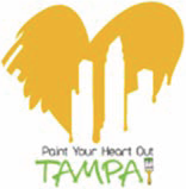 Yellow heart design with city skyline and text 'Point Your Heart Out TAMPA' in green.