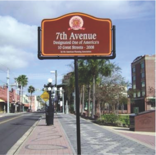 A sign for 7th Avenue, labeled as one of America's 10 Great Streets 2008, in an urban setting.