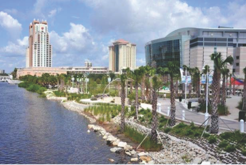 A waterfront view featuring palm trees, a promenade, and buildings under a partly cloudy sky.