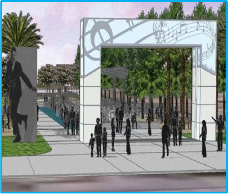 Architectural rendering of a music-themed entrance with people, trees, and musical notes on display.