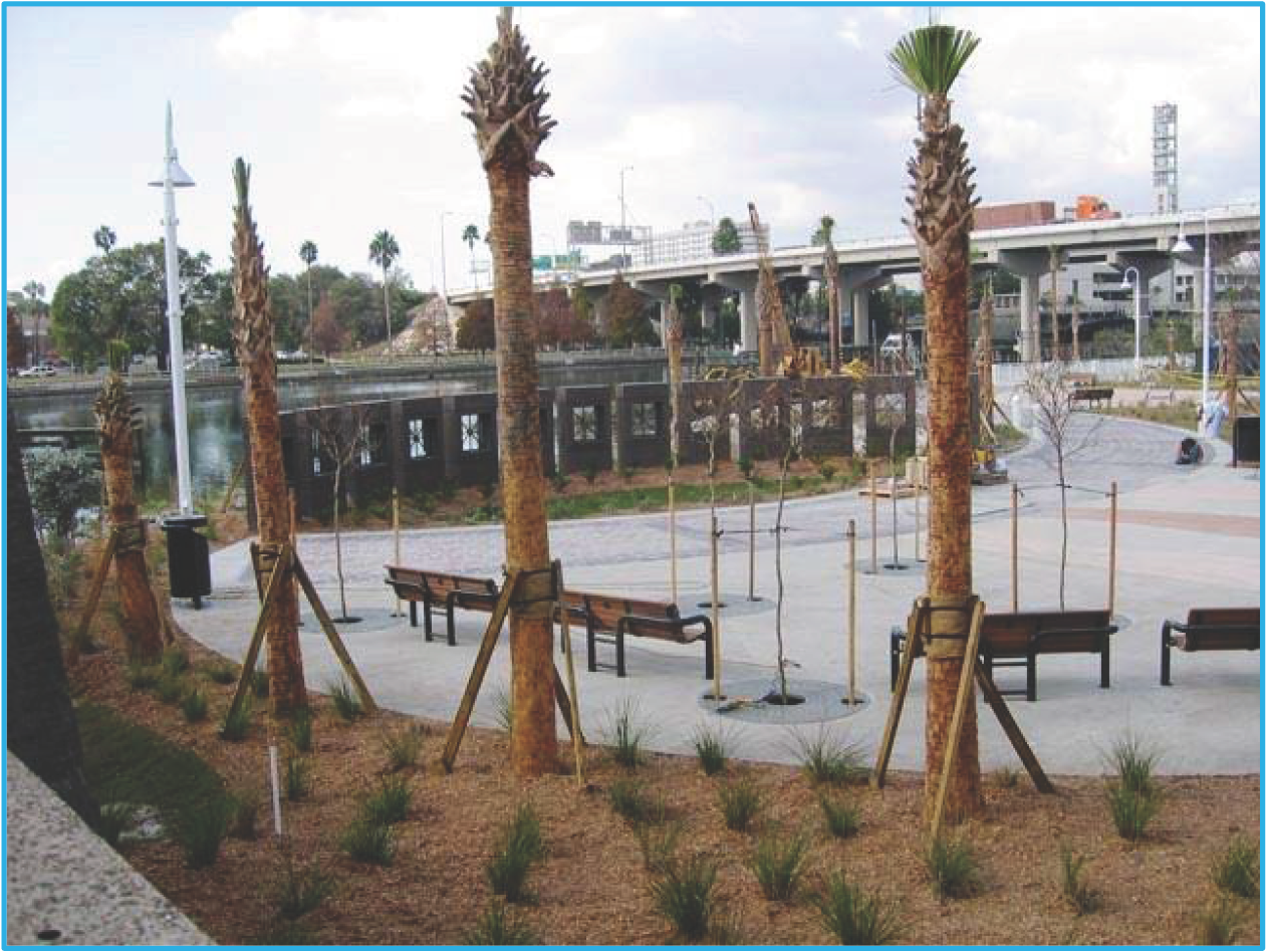 View of a park with palm trees, benches, and a waterway in the background, under a cloudy sky.