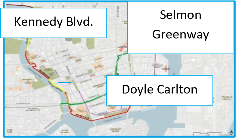 Map showing Kennedy Blvd., Selmon Greenway, and Doyle Carlton in a city layout with colored routes.