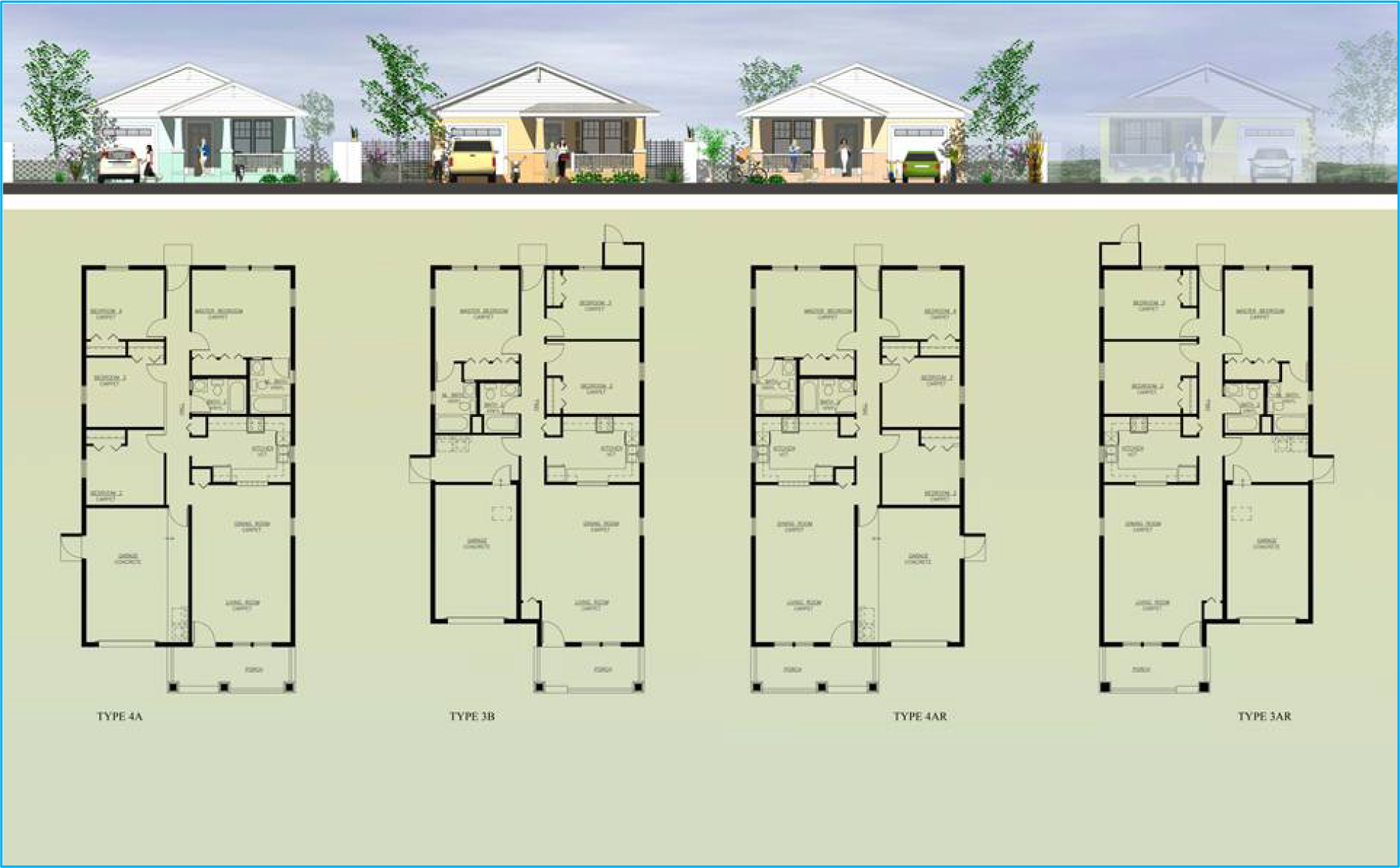 Architectural layout of four house designs with front views of homes in the background.