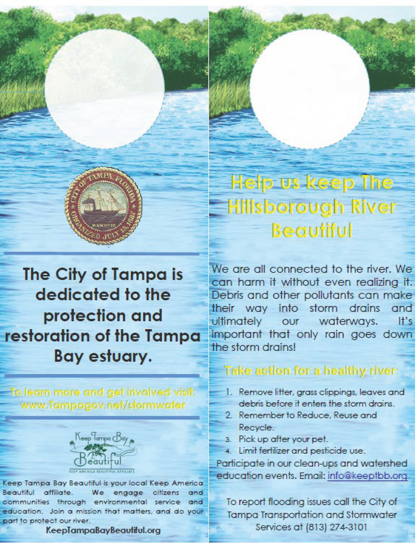 Brochure promoting clean waterways and river health in Tampa, detailing actions to protect the Hillsborough River and the estuary.