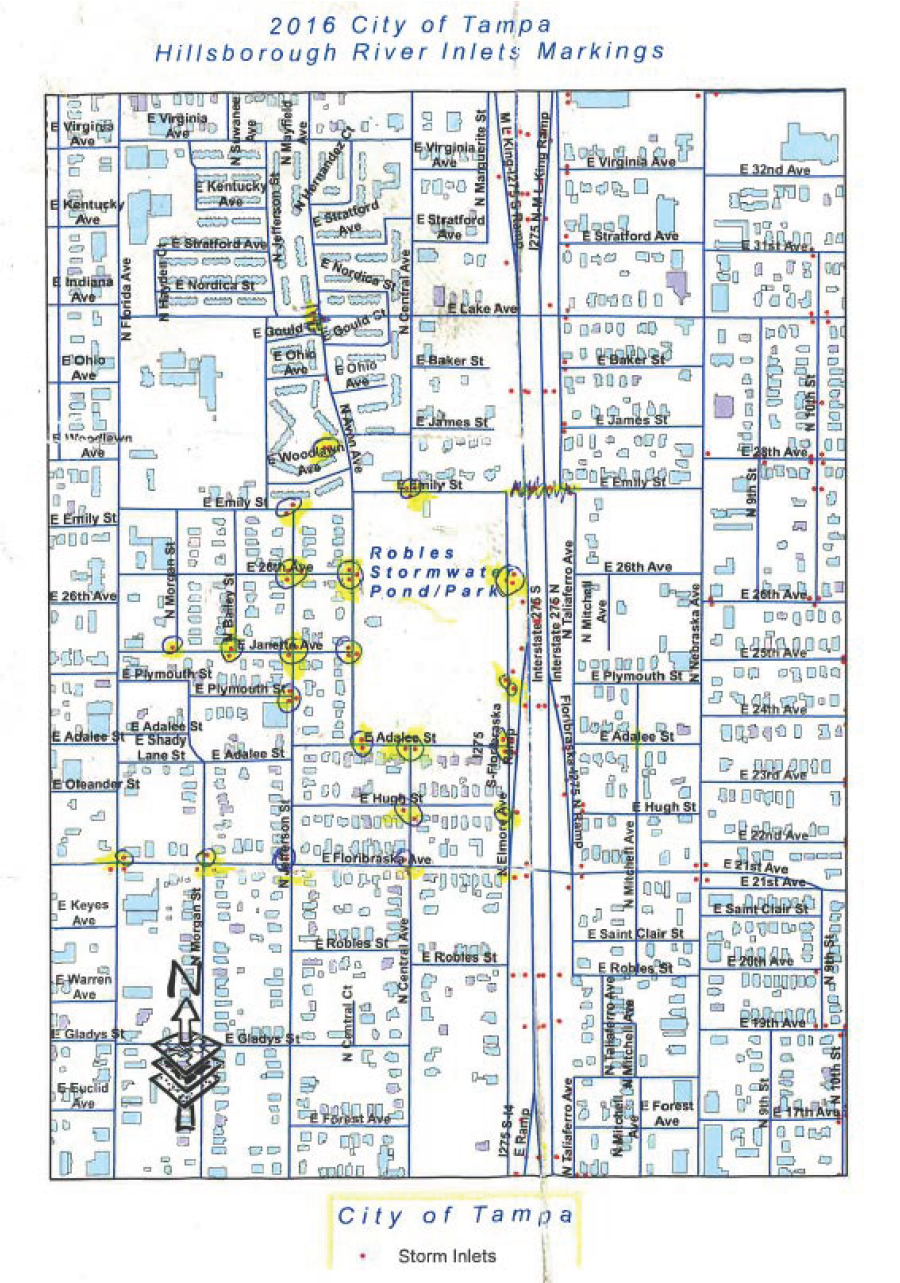 Map of Tampa showing 2016 inlets and storm inlets near Robles Stormwater Pond Park.