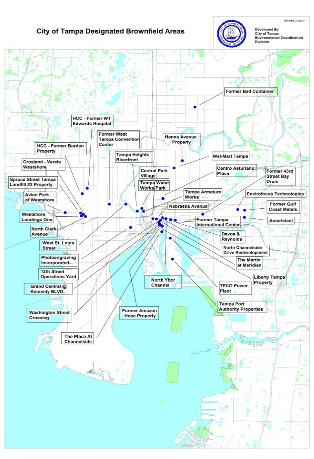Map of designated brownfield areas in Tampa, showing locations marked with blue dots and key areas labeled.