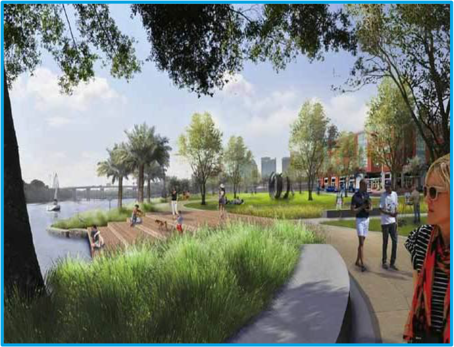 A riverside park with lush greenery, people walking, and modern sculptures, under a bright sky with buildings in the background.