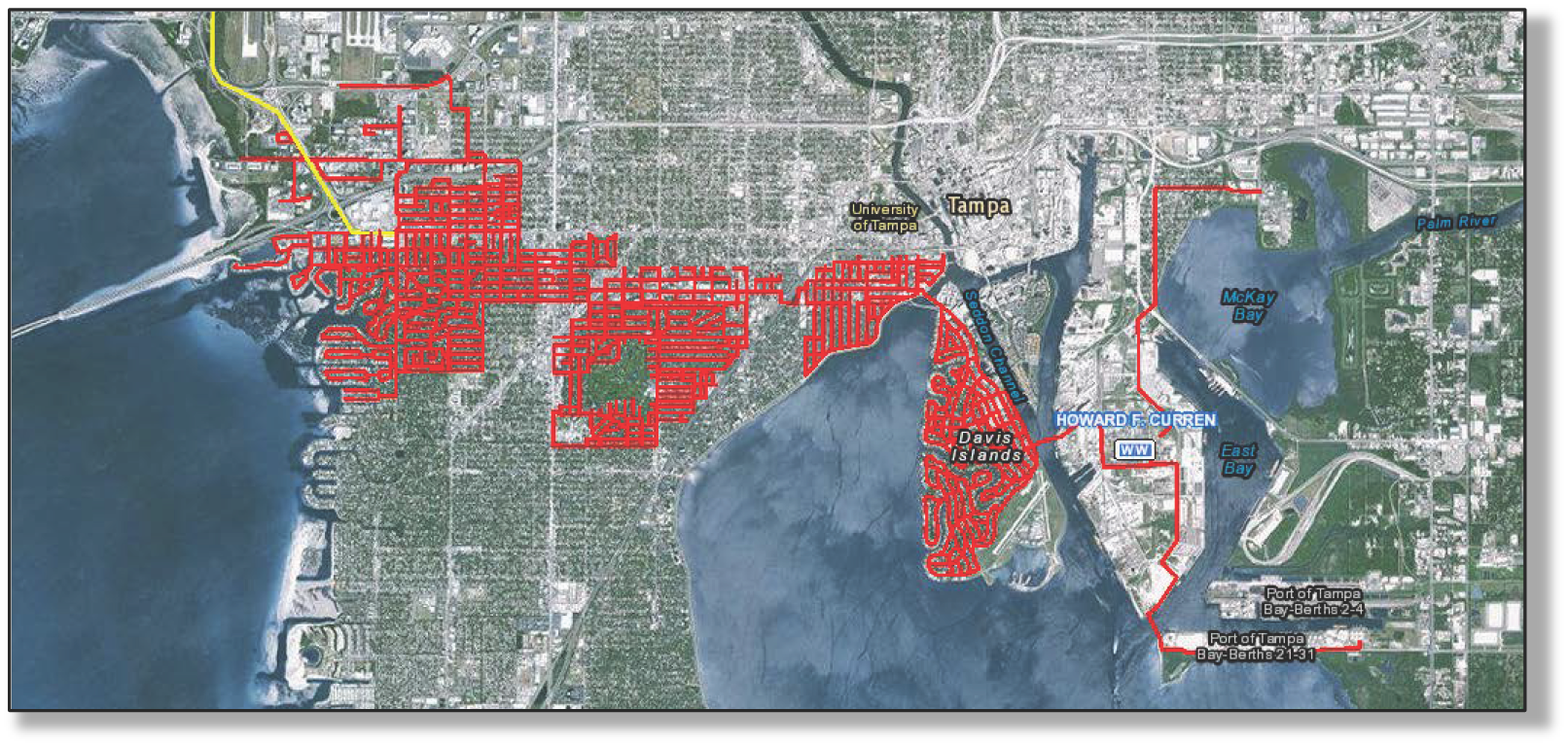 Map of Tampa Bay area highlighting streets in red, with notable locations labeled.