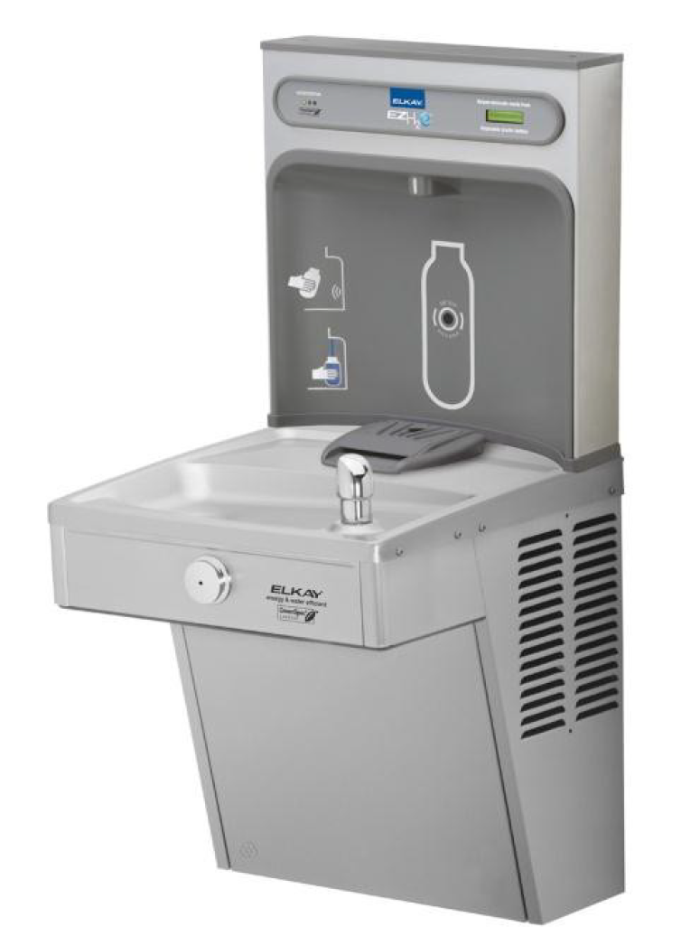 Stainless steel Elkay water fountain with a bottle filling station and a streamlined design.