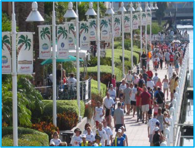 A crowded walkway lined with palm trees and banners, featuring people walking along the waterfront.