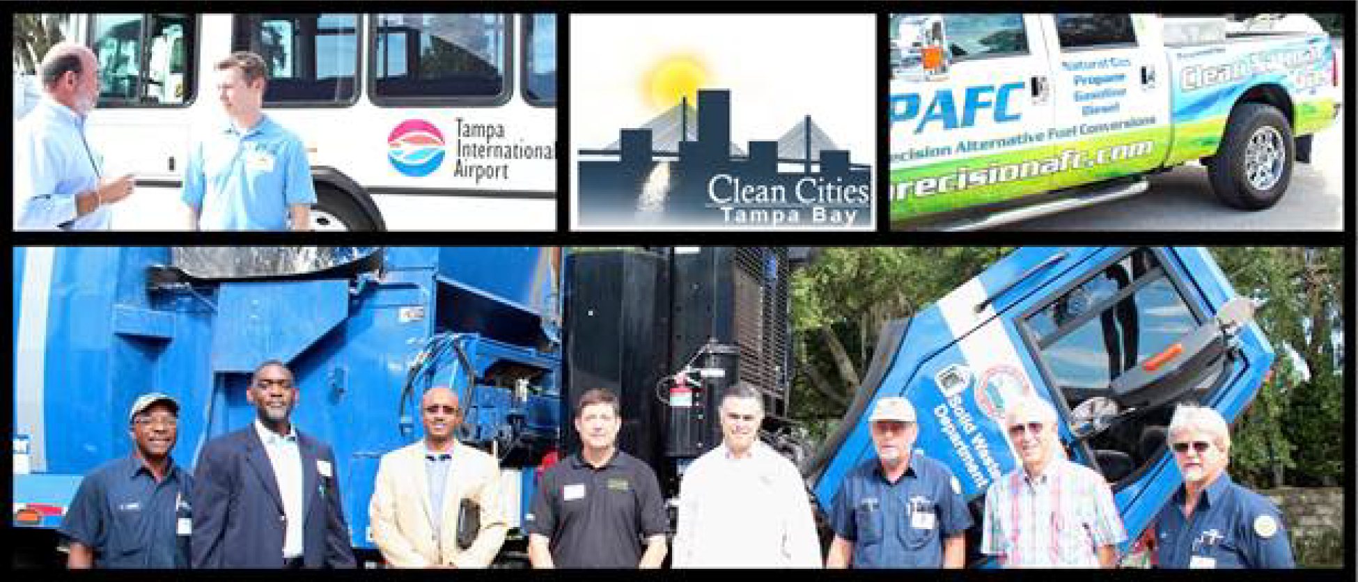 Collage of Clean Cities Tampa Bay event featuring buses, vehicles, and a group of men in work uniforms.