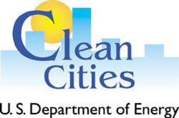 Logo of Clean Cities, U.S. Department of Energy, featuring blue text and a stylized sun.