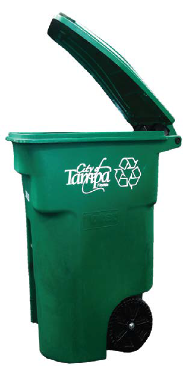 Green recycling bin with a lid, featuring the text 'City of Tampa' and recycling symbols.