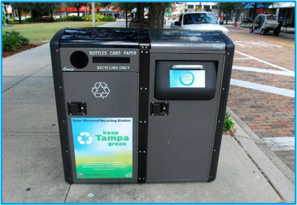 A solar-powered recycling station for bottles, cans, and paper, promoting a green initiative in Tampa.