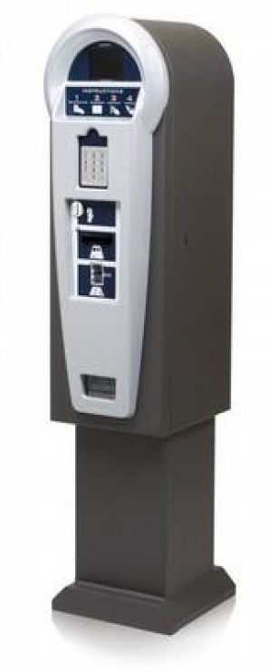 A stand-alone parking meter with a sleek design and keypad for payments and options.