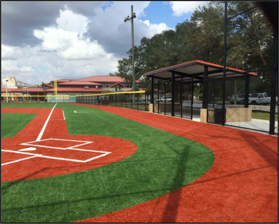 View of a baseball field with a red turf diamond and a covered dugout in background.