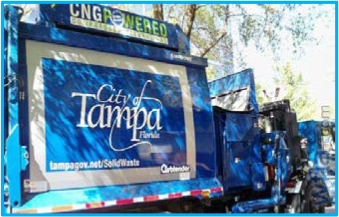 Side view of a City of Tampa garbage truck, featuring a bright blue design and CNG-powered label.