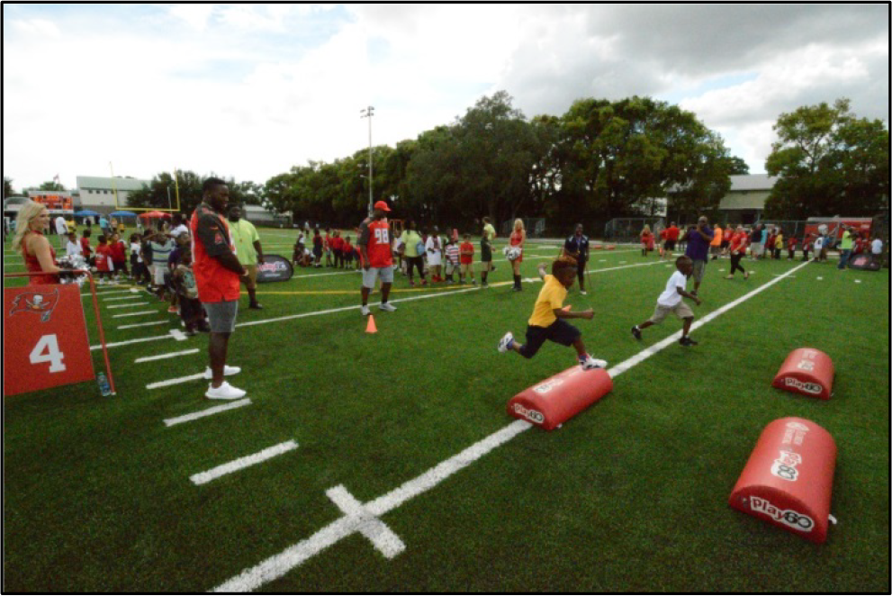 Children participating in a football training event on a field, with adults supervising and various activities occurring in the background.