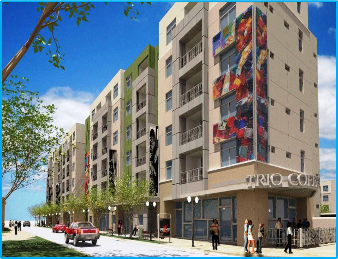 Contemporary apartment building with colorful murals, trees lining the walkway, and parked cars in front.