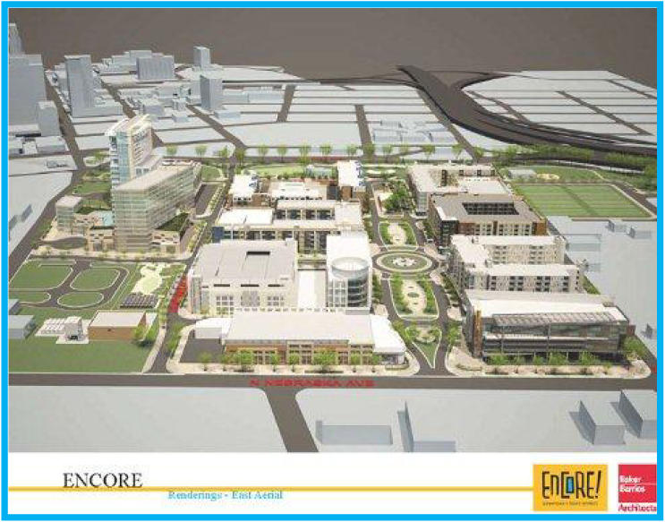 Aerial rendering of the Encore development featuring multiple buildings, green spaces, and roads in an urban setting.