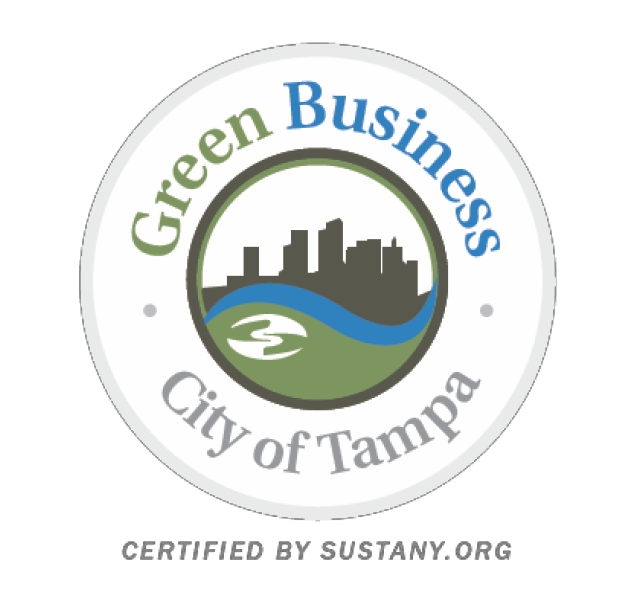 Green Business certification logo for the City of Tampa, featuring skyline, river, and the phrase 'Certified by Sustany.org'.