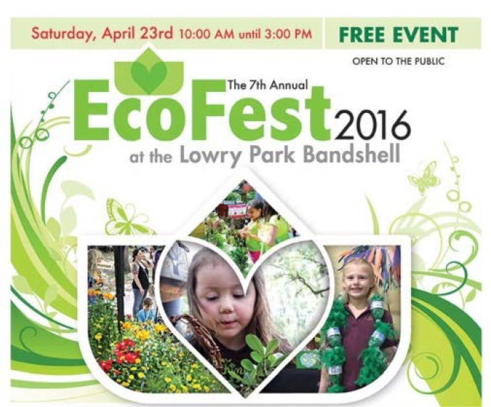 Promotional poster for EcoFest 2016 at Lowry Park Bandshell, featuring images of children and nature, with event details and date.