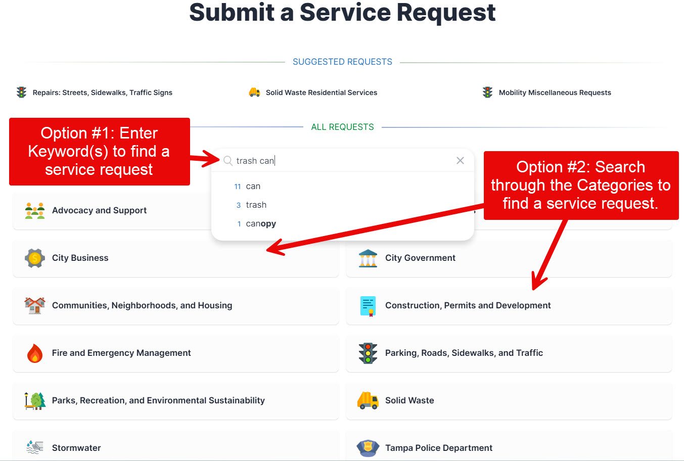 Screenshot of the Submit a Service Request screen. A callout labeled Option 1, Enter keyword(s) to find a service request, points to the search box, where trash can has been typed. A second callout labeled Option 2, Search through the categories to find a service request, points to the category list, which includes City Business, City Government, Fire and Emergency Management, Solid Waste, and Tampa Police Department.