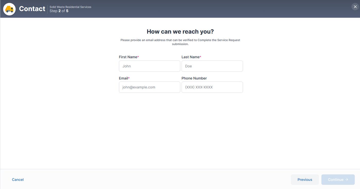Screenshot of the Contact screen, step 2 of 5, titled How can we reach you? It has fields for First Name, Last Name, Email, and Phone Number.