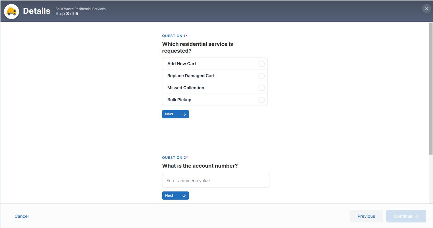 Screenshot of the Details screen, step 3 of 5, for a Solid Waste Residential Services request. Question 1 asks which residential service is requested, with choices Add New Cart, Replace Damaged Cart, Missed Collection, and Bulk Pickup. Question 2 asks for the account number.