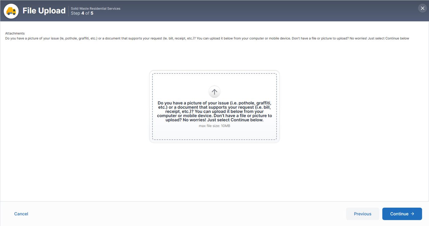 Screenshot of the File Upload screen, step 4 of 5. An upload area asks whether you have a picture of your issue, such as a pothole, graffiti, or a damaged cart, and explains that you can upload it from your computer or mobile device, or select Continue to skip.