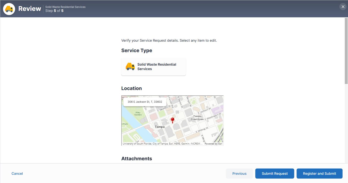 Screenshot of the Review screen, step 5 of 5, summarizing the Service Type, Solid Waste Residential Services, and the Location shown on a small map, followed by Attachments. Buttons at the bottom read Previous, Submit Request, and Register and Submit.